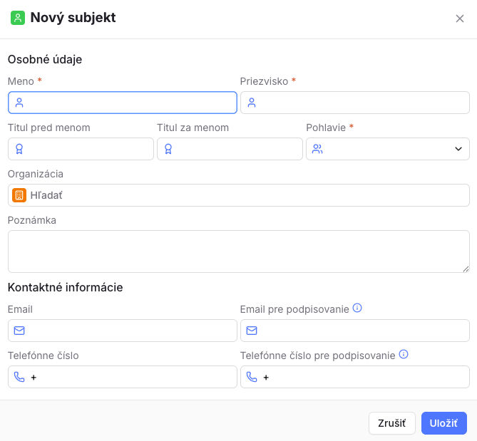 Vytvorenie subjektu